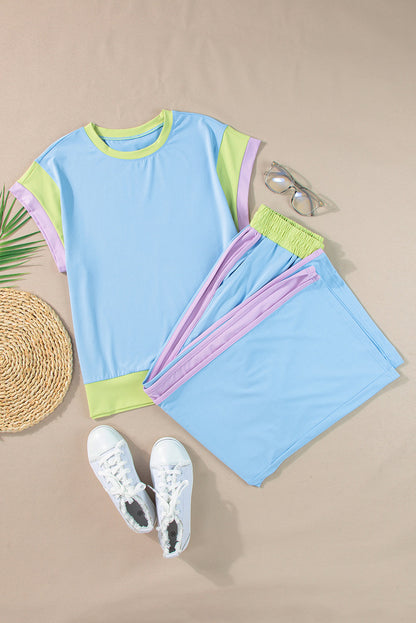 Colorblock Short Sleeve Top & Wide Leg Pants Set
