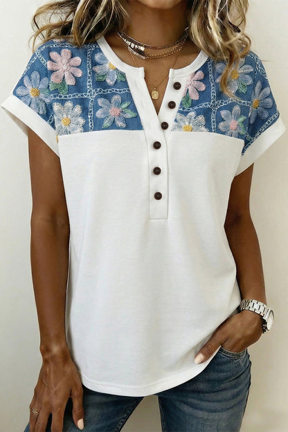 Floral Patchwork Short Sleeve Henley Blouse
