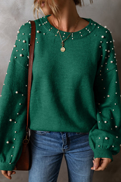 Solid Pearl Drop Shoulder Round Neck Sweater