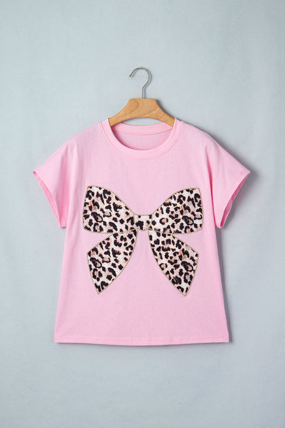 Leopard Bow Embroidered Short Sleeve T-Shirt