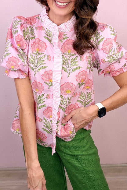 Floral Ruffle Stripe Trim Puff Sleeve Shirt