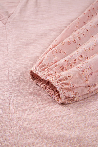 Embroidered Eyelet Patchwork Batwing Sleeve Blouse
