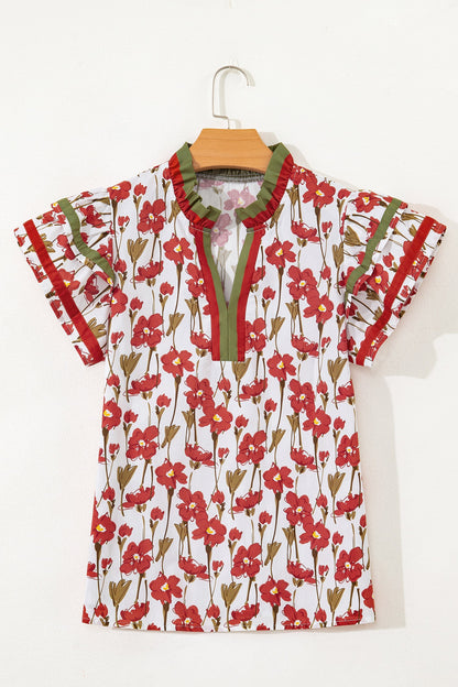 Floral Contrast Trim V-Neck Ruffle Short Sleeve Blouse