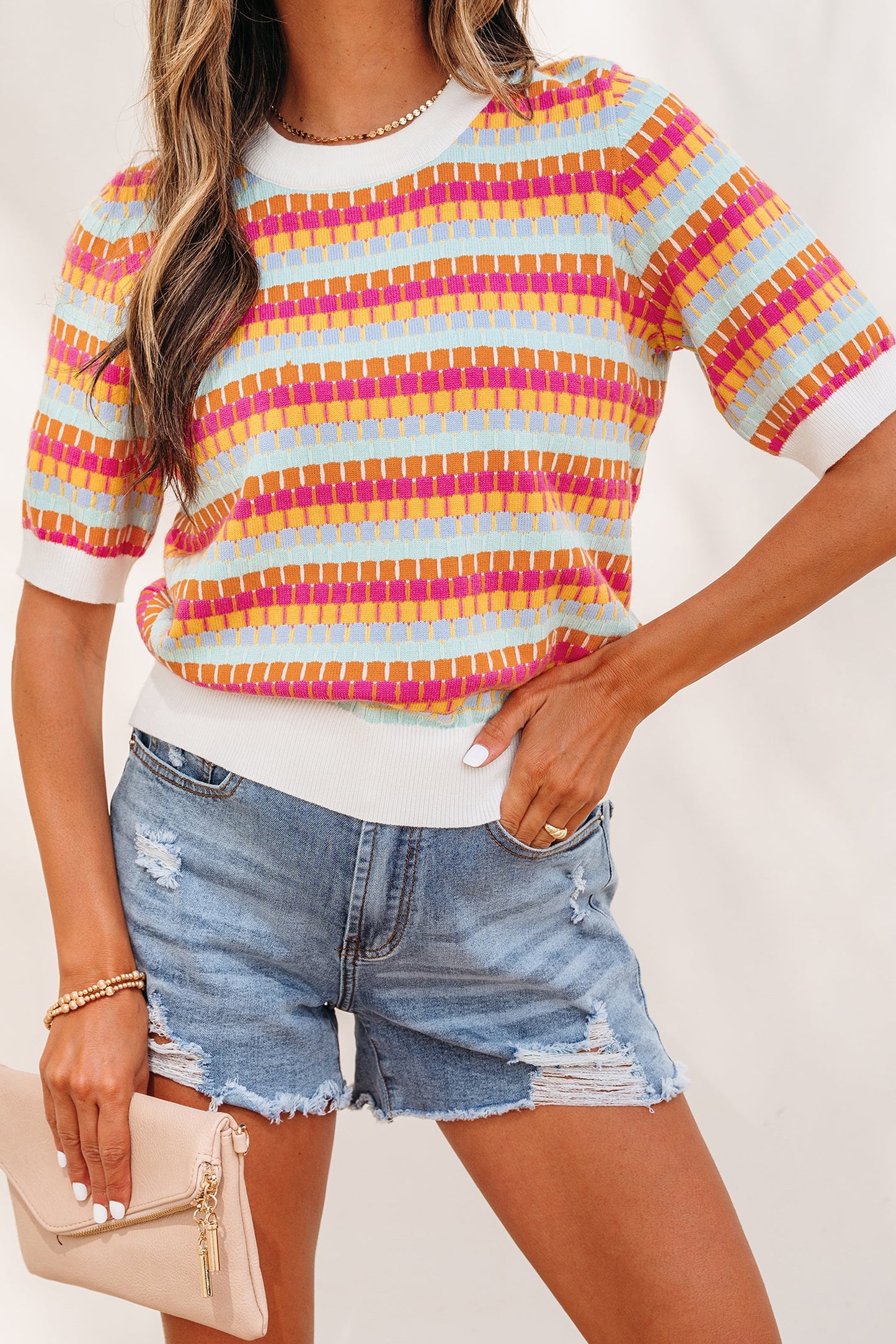 Abstract Stripe Short Sleeve Sweater Knit Top