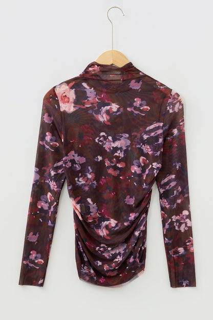 Floral Mesh Turtleneck Long Sleeve Ruched Top