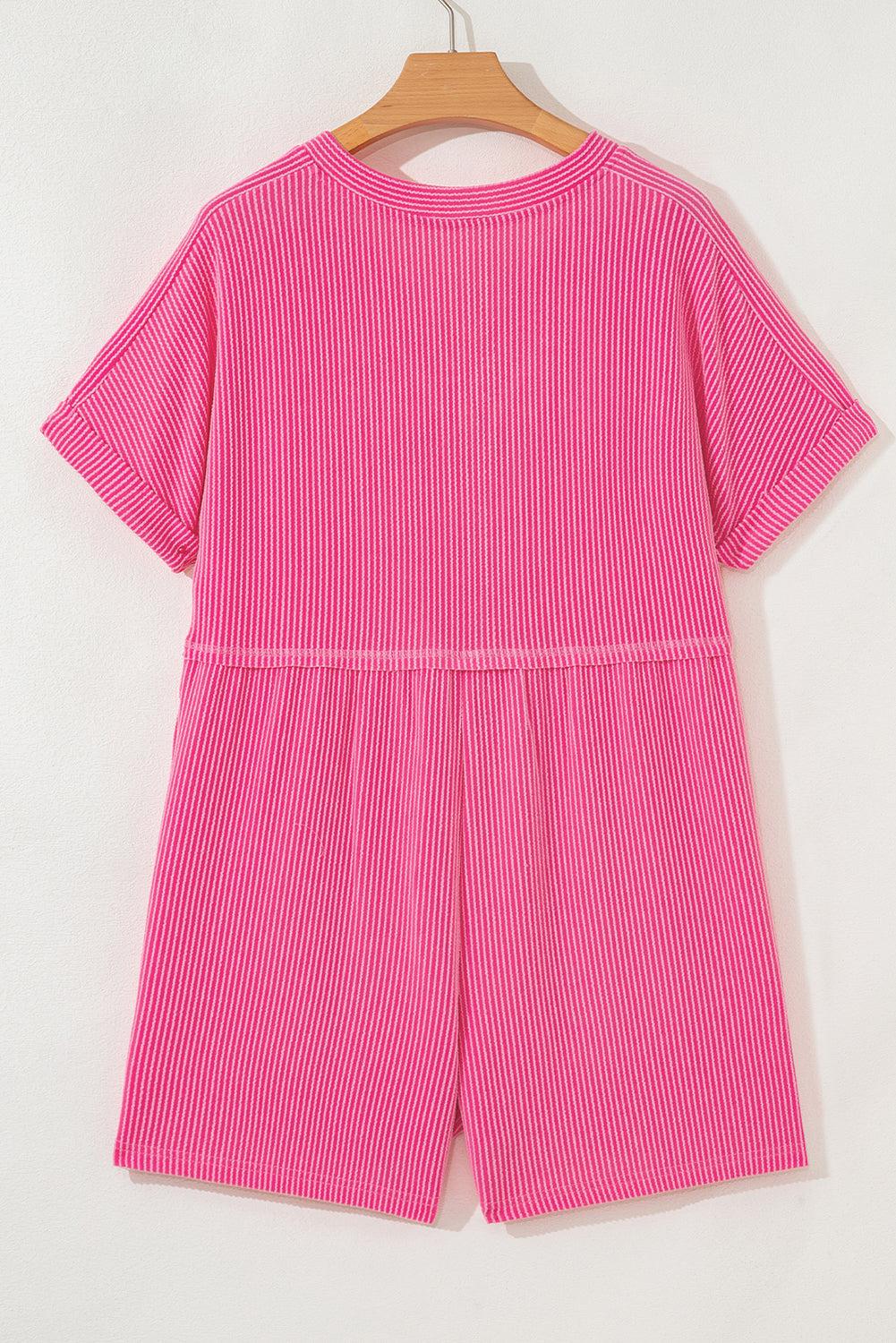 Corded Knit Buttoned V-Neck Short Sleeve Romper
