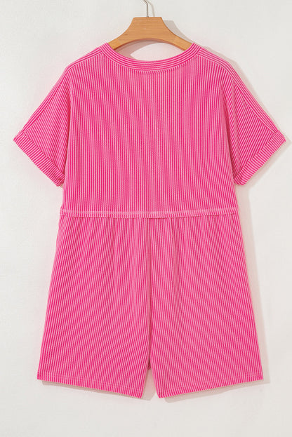 Corded Knit Buttoned V-Neck Short Sleeve Romper