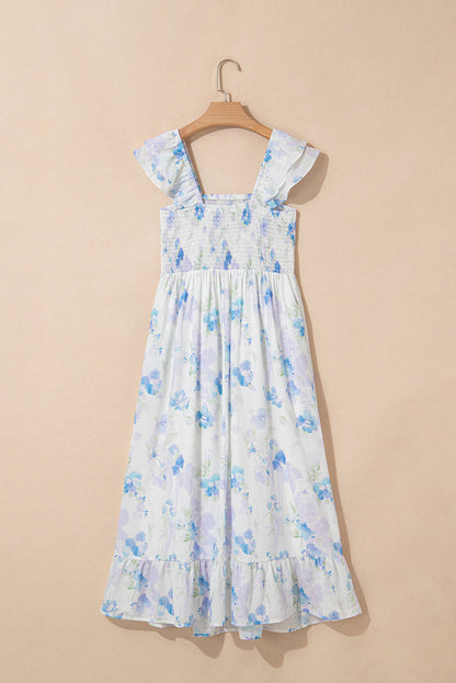 Floral Ruffle Sleeve Smocked High Waist Dress