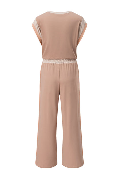 Colorblock Short Sleeve Top & Wide Leg Pants Set