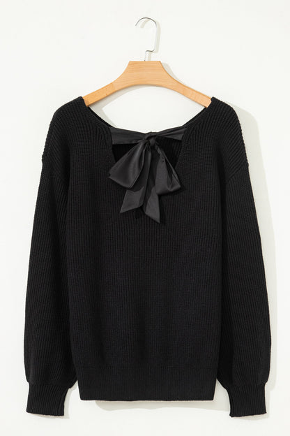 Ribbon Knot Backless Drop Shoulder Ribbed Sweater