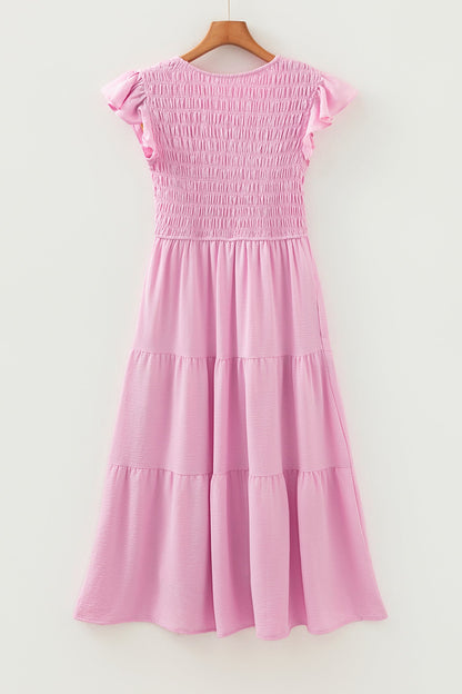 Smocked V-Neck Flutter Sleeve Tiered Midi Dress