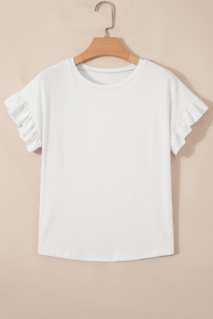 Solid Ribbed Knit Ruffle Short Sleeve T-Shirt