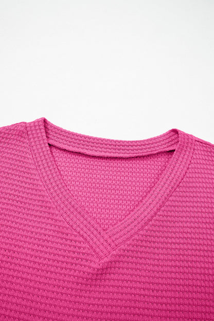 Solid Waffle Knit V-Neck Short Sleeve Top