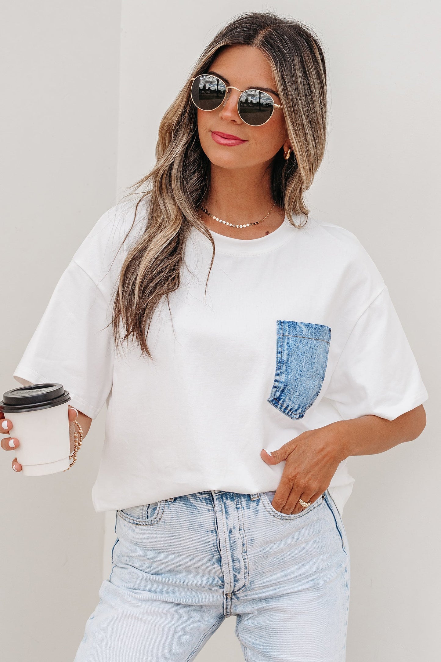 Colorblock Chest Pocket Patch Short Sleeve Top