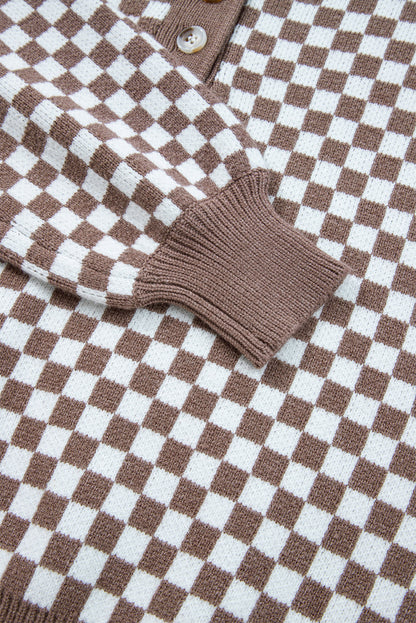 Checker Ribbed Trim Half-Button Sweater