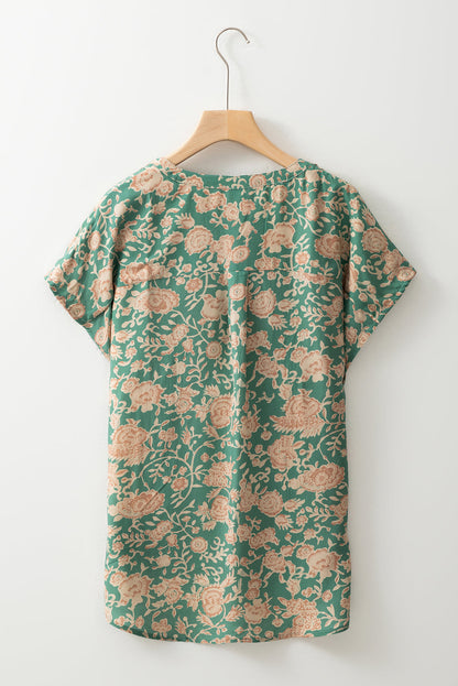 Floral Pleated Buttoned V-Neck Short Sleeve Blouse