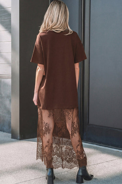 Solid Lace Patchwork Short Sleeve Maxi Dress