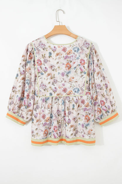 Plus Size Floral Stripe Contrast Trim Babydoll Blouse