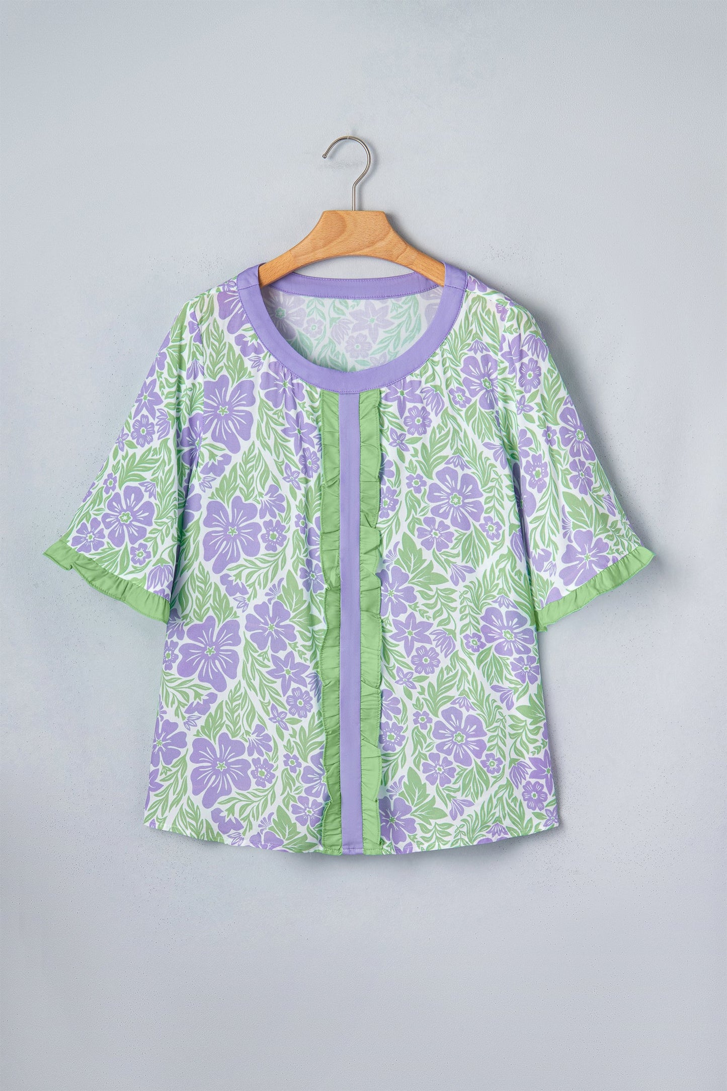 Floral Ruffle Colorblock Trim Short Sleeve Blouse