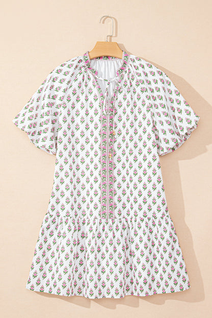 Floral Bubble Sleeve Tie Neck Ruffle Hem Dress
