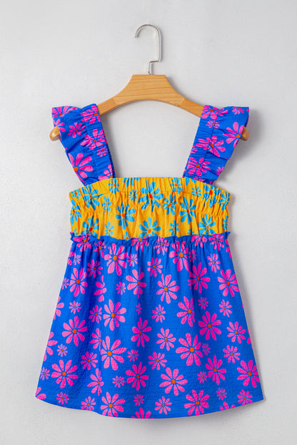 Floral Colorblock Ruffle Strap Flowy Tank Top