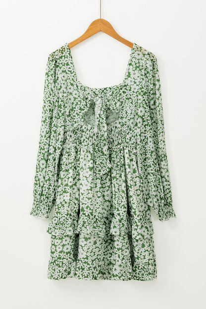 Floral Square Neck Shirred Waist Ruffle Dress