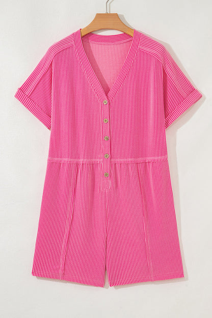Corded Knit Buttoned V-Neck Short Sleeve Romper