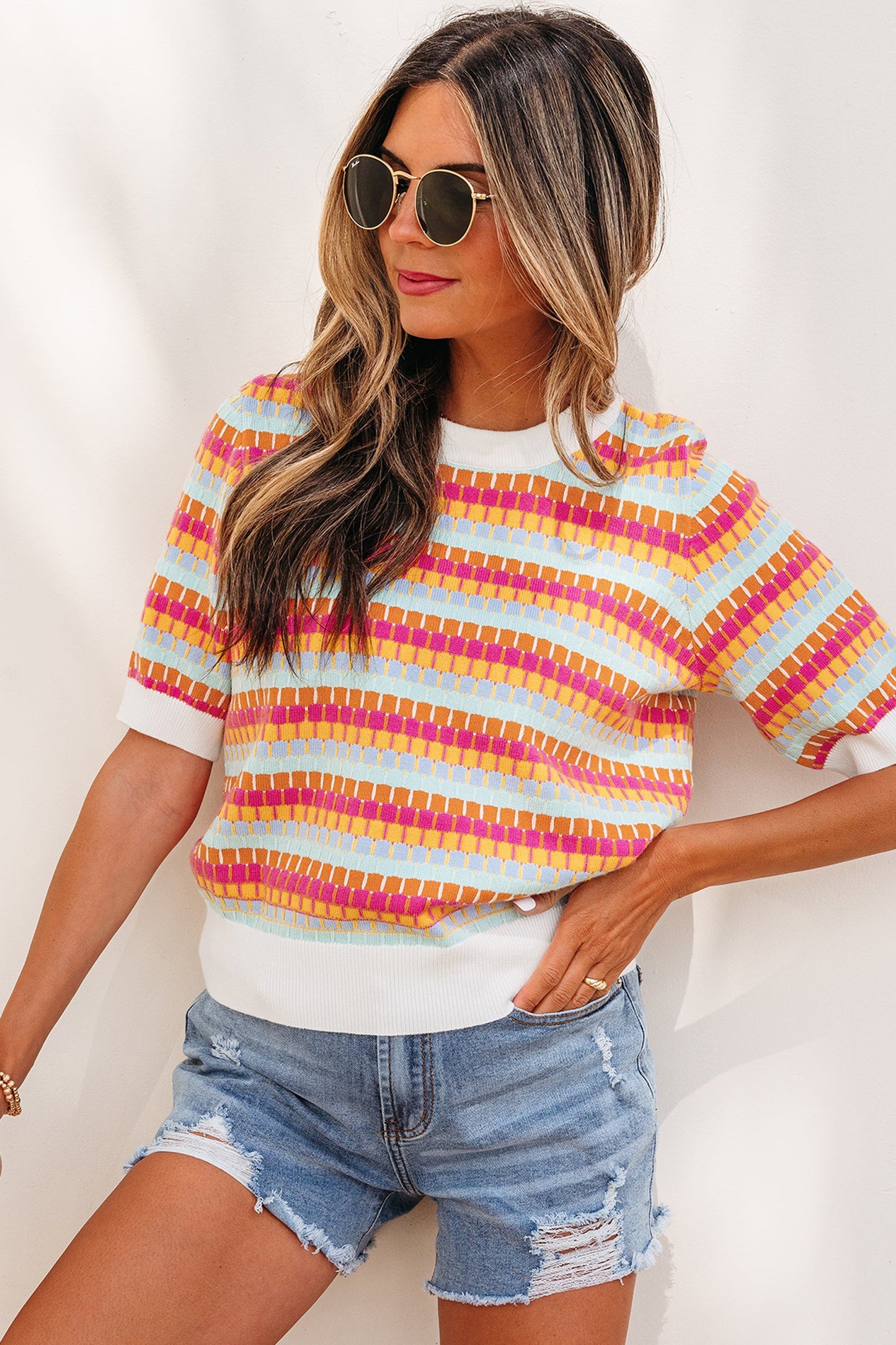 Abstract Stripe Short Sleeve Sweater Knit Top