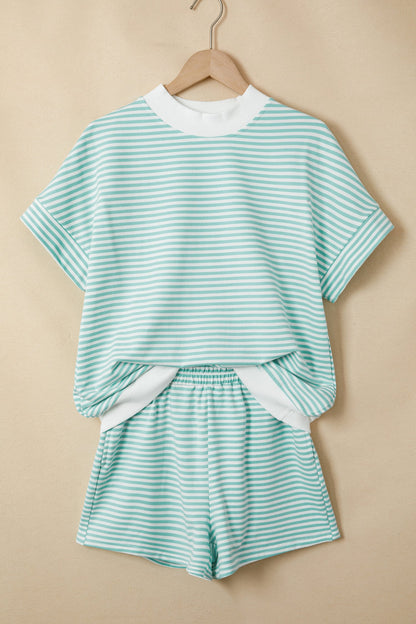 Stripe Contrast Mock Neck Tee & Shorts Set