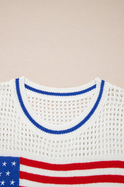 USA Flag Eyelet Crochet Cap Sleeve Sweater Top