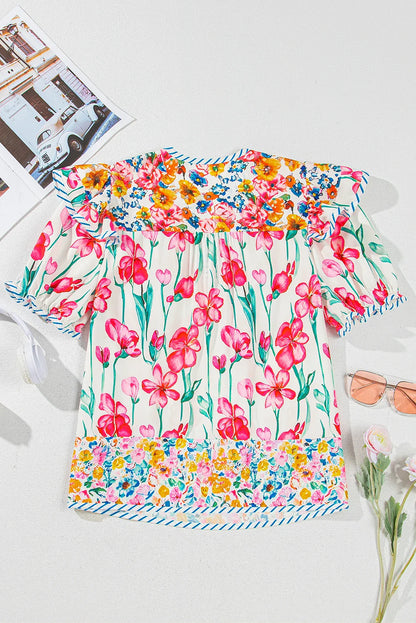 Floral Stripe Trim Split Neck Short Sleeve Blouse