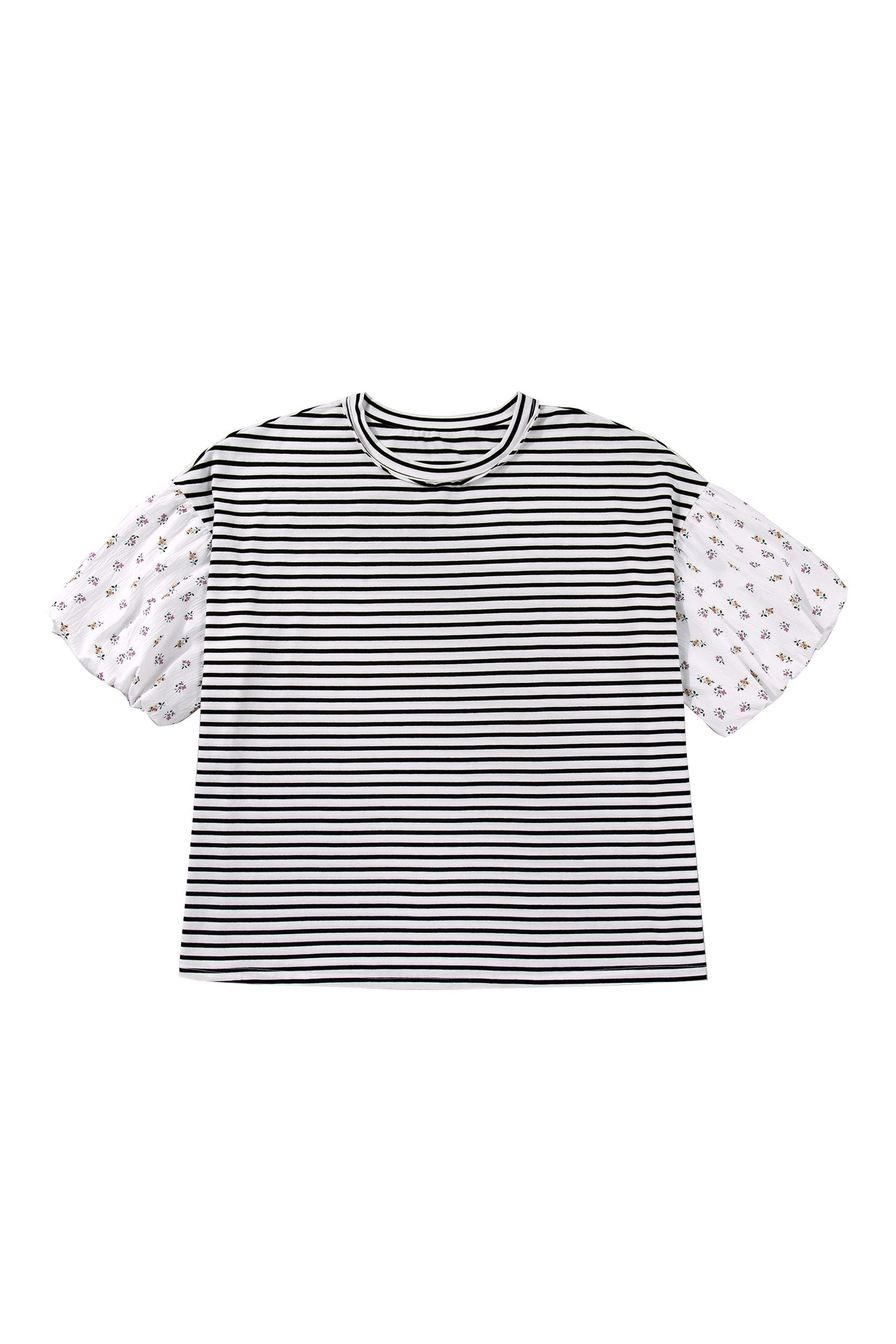 Plus Size Stripe Floral Patchwork Puff Sleeve Top