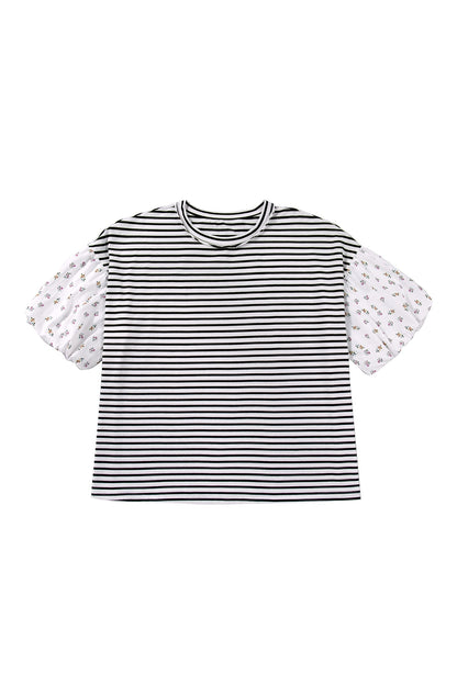 Plus Size Stripe Floral Patchwork Puff Sleeve Top
