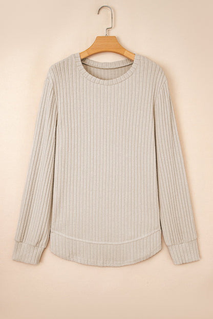 Solid Ribbed Knit Textured Round Neck Top