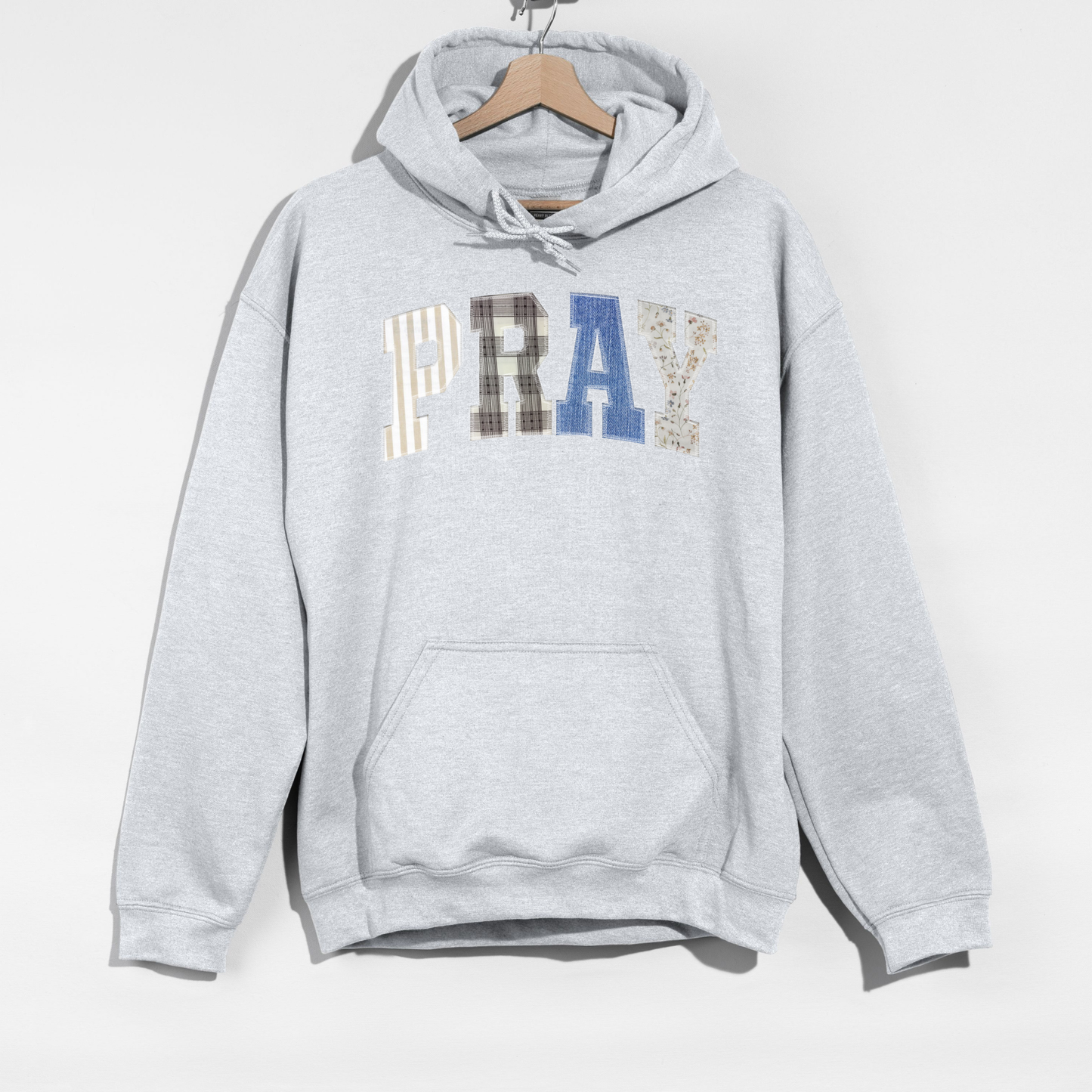 PRAY Patchwork Hoodie – Faith-Inspired Cozy Sweatshirt