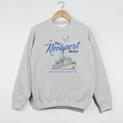 Rockport Harbor Massachusetts Crewneck Sweatshirt – Coastal New England Boat Graphic Pullover