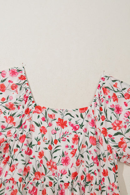 Plus Size Floral Puff Sleeve Square Neck Dress
