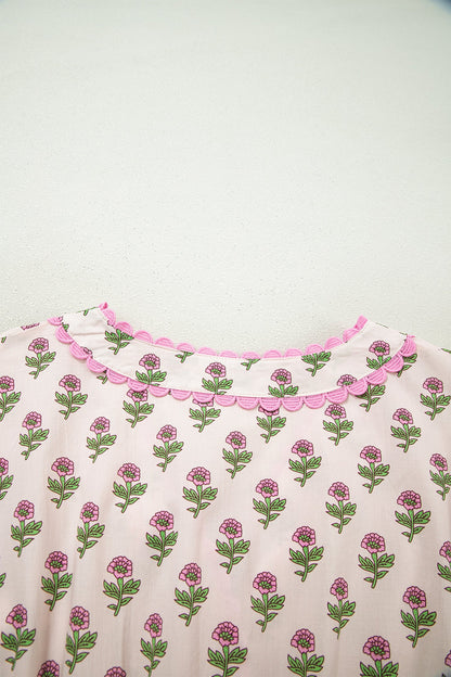 Floral Scallop Trim V-Neck Button Front Maxi Dress