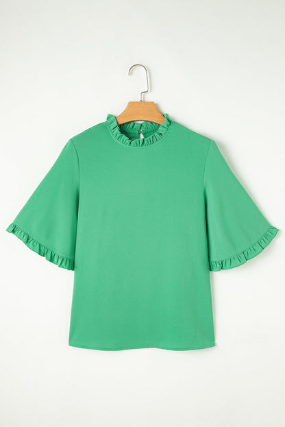 Frilled Round Neck Wide 3/4 Sleeve Blouse