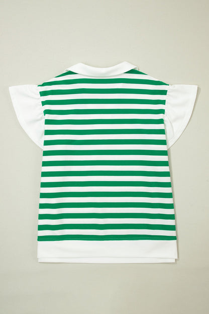 Plus Size Stripe Collared V-Neck Ruffle Sleeve Blouse