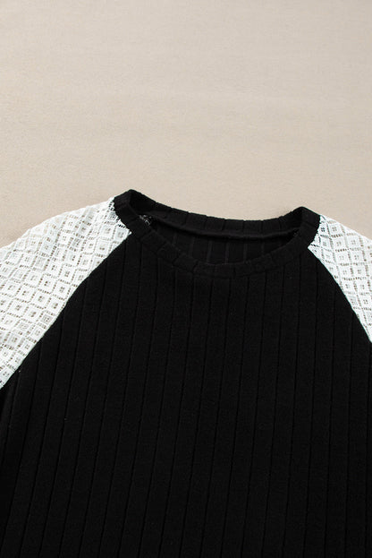 Floral Ribbed Patchwork Long Sleeve Blouse