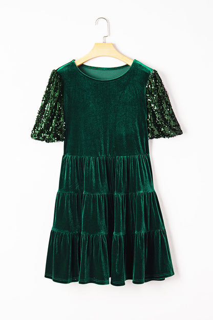 Velvet Sequin Puff Sleeve Tiered Mini Dress