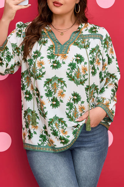 Plus Size Floral Patchwork Tassel Tie Blouse