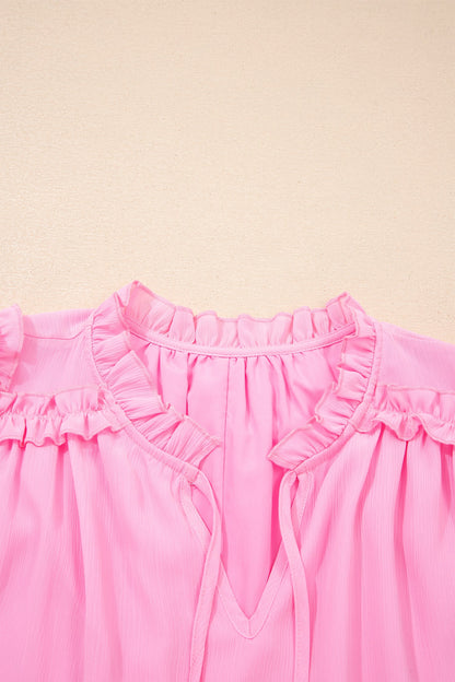 Plus Size Solid Ruffle Tassel Tie V-Neck Blouse