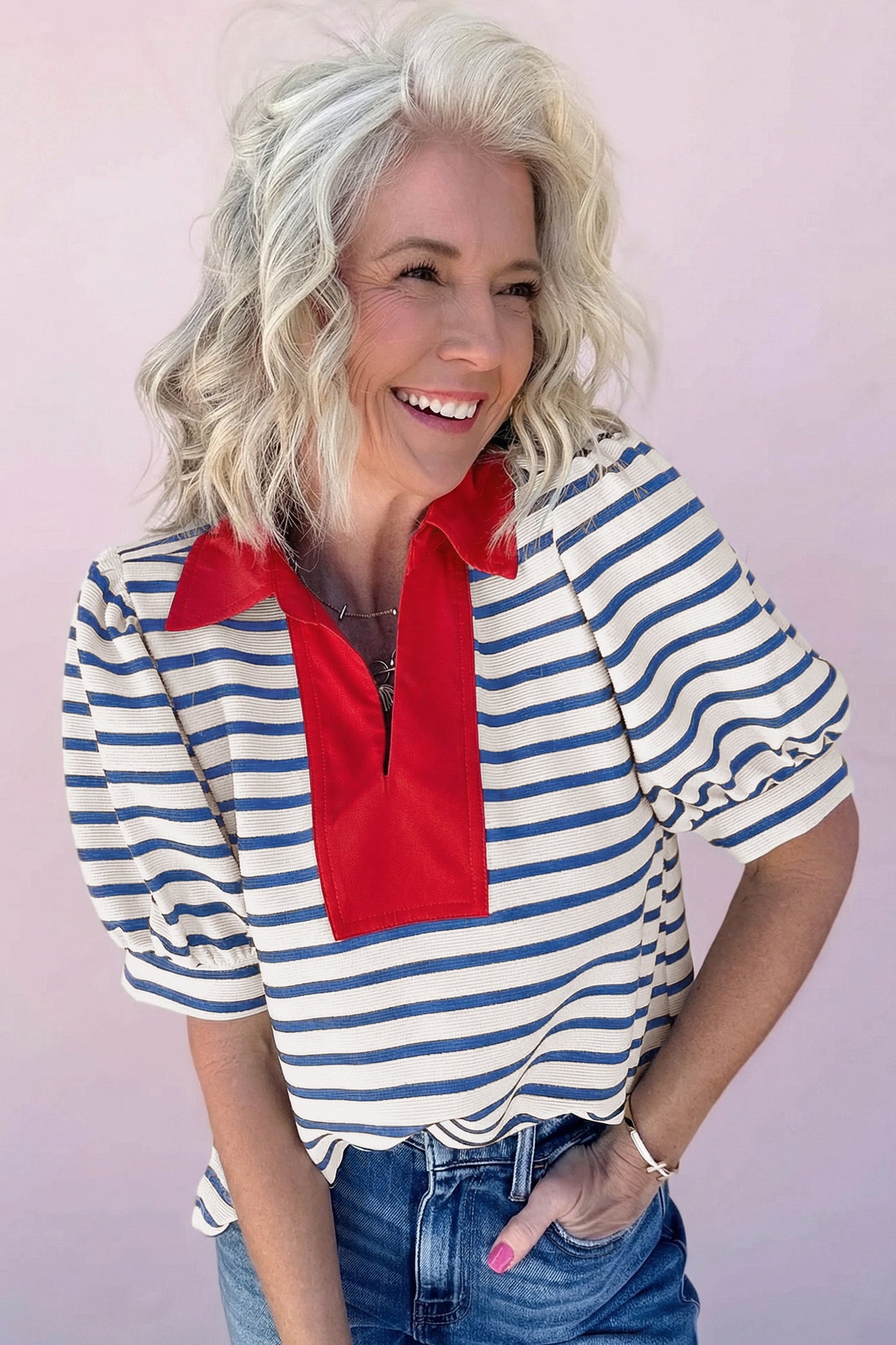Stripe Colorblock Puff Sleeve Polo Collar Blouse
