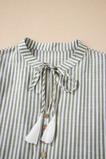 Stripe Tassel Tie-Neck Ruffle Tiered Dress