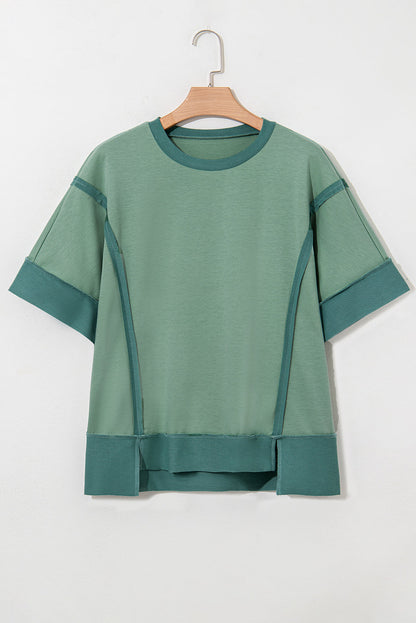 Colorblock 3/4 Sleeve Raw Seam High-Low Top