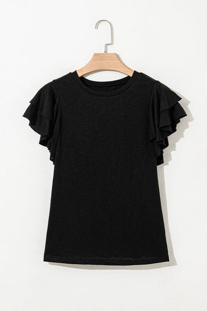 Solid Layered Ruffle Short Sleeve Round Neck Top