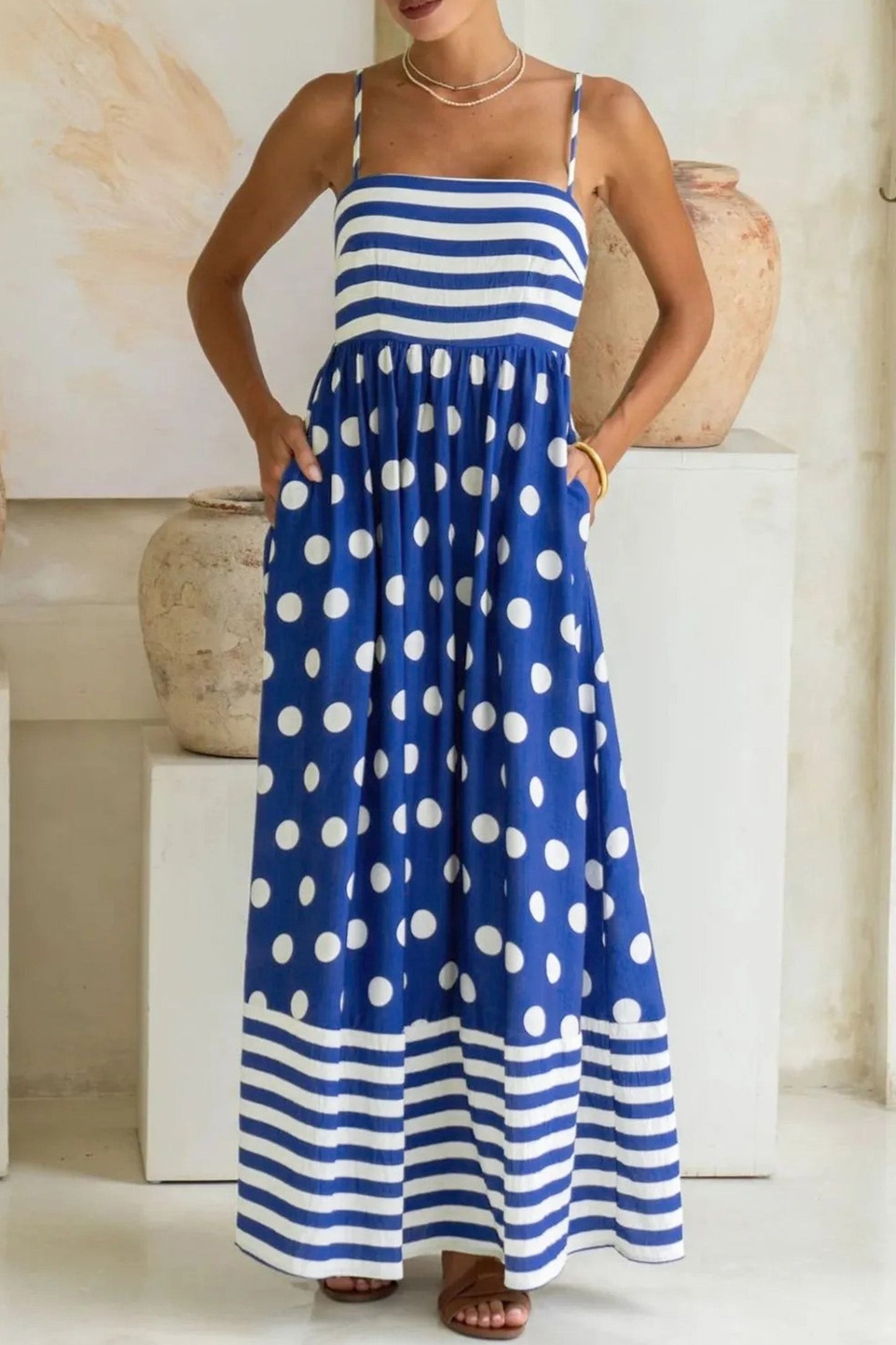 Stripe Polka Dot Patchwork High Waist Maxi Dress