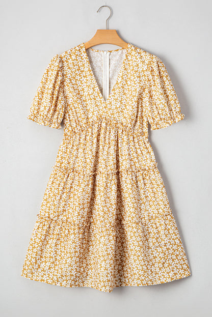 Floral V-Neck Short Sleeve Tiered Mini Dress